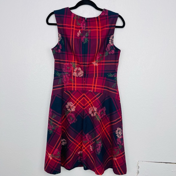 Lands’ End Canvas Red Blue Plaid Floral Embroidered Circle Fit & Flare Dress - Picture 5 of 6